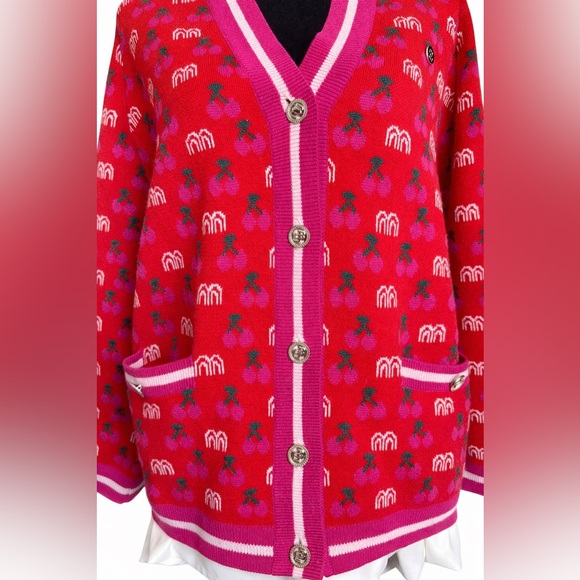 Maje Red Cherry Jacquard Knit Cardigan | Parisian Statement Sweater | Size 2 - Picture 5 of 11